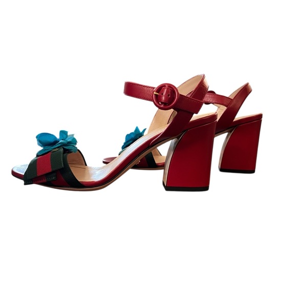 Authentic Red Gucci Web Silk Flower Bow Mid Sandals Size 37;new with tags - Picture 4 of 9